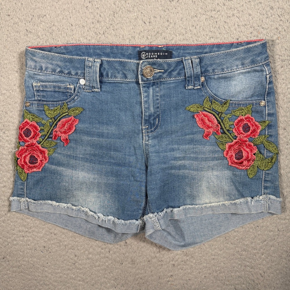 Boom Boom Jeans Womens Size 7 Embroidered Rose Denim Cut Off Shorts Medium Wash
